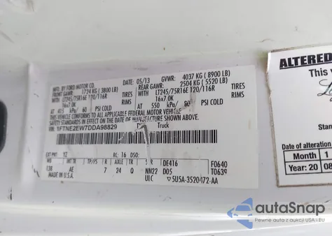 2013 Ford E-250 Commercial z USA, uszkodzony, nr VIN 1FTNE2EW7DDA98829